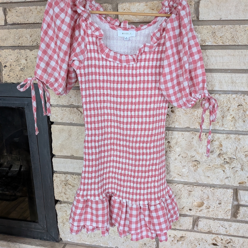 MABLE Pink Gingham Smocked Ruffle Dress for Girls